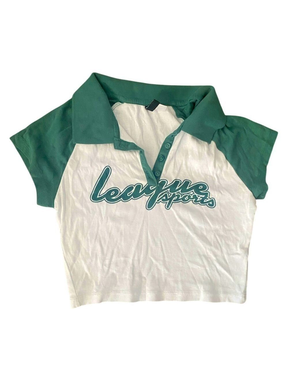 H&M Green White Cropped Polo Shirt Small